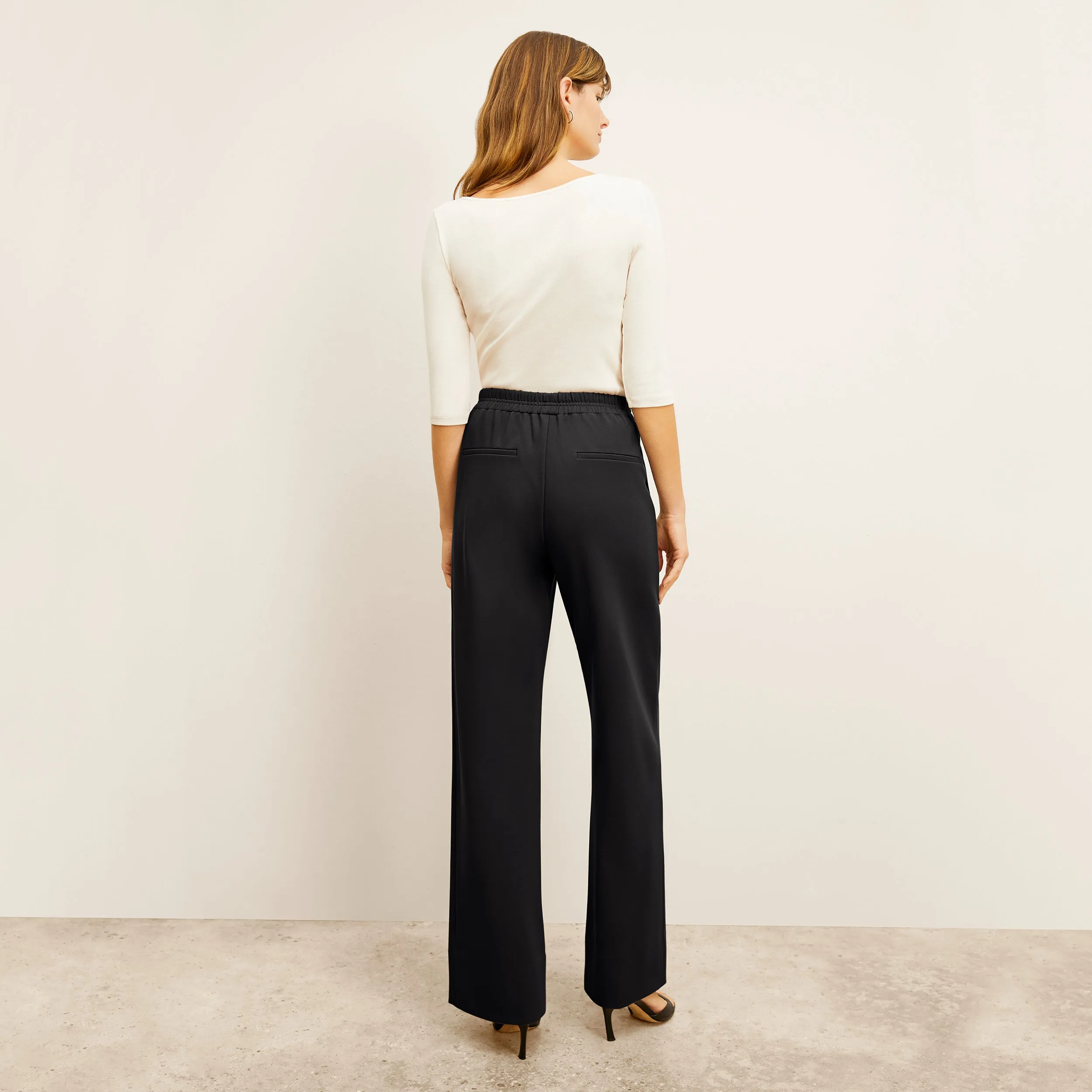 Jordan Wide-Leg Trouser - Butter Ponte :: Black Flexible Hemline Raw Edge Detail