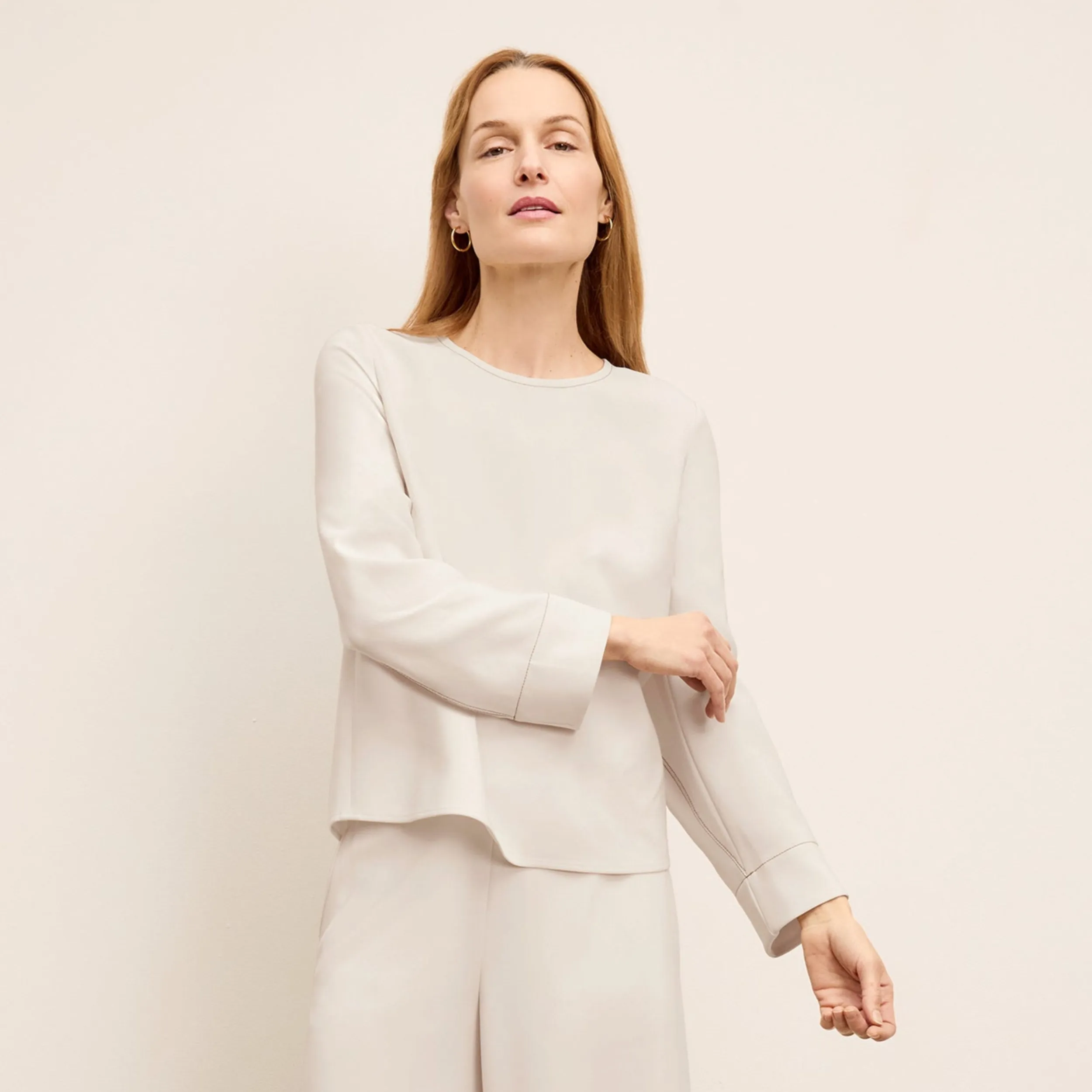 Jules Top - Everyday Crepe with Topstitch :: Eggshell Biodegradable Polymer Blend Flatlock Seam Design Soft Brushed Lining