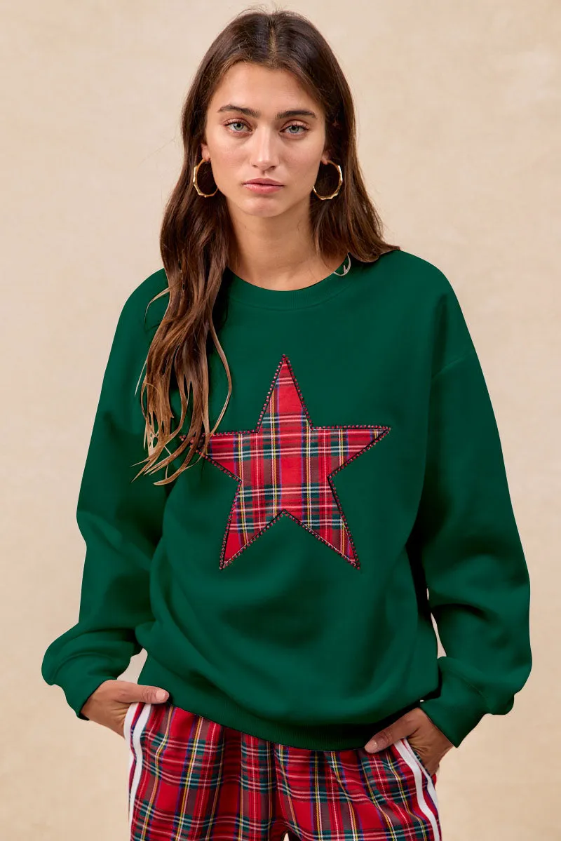 IT1508S-70 | BRUSHED TERRY CHRISTMAS PLAID STAR PATCH TOP Travel Functional Wear Flexible Articulated Elbows