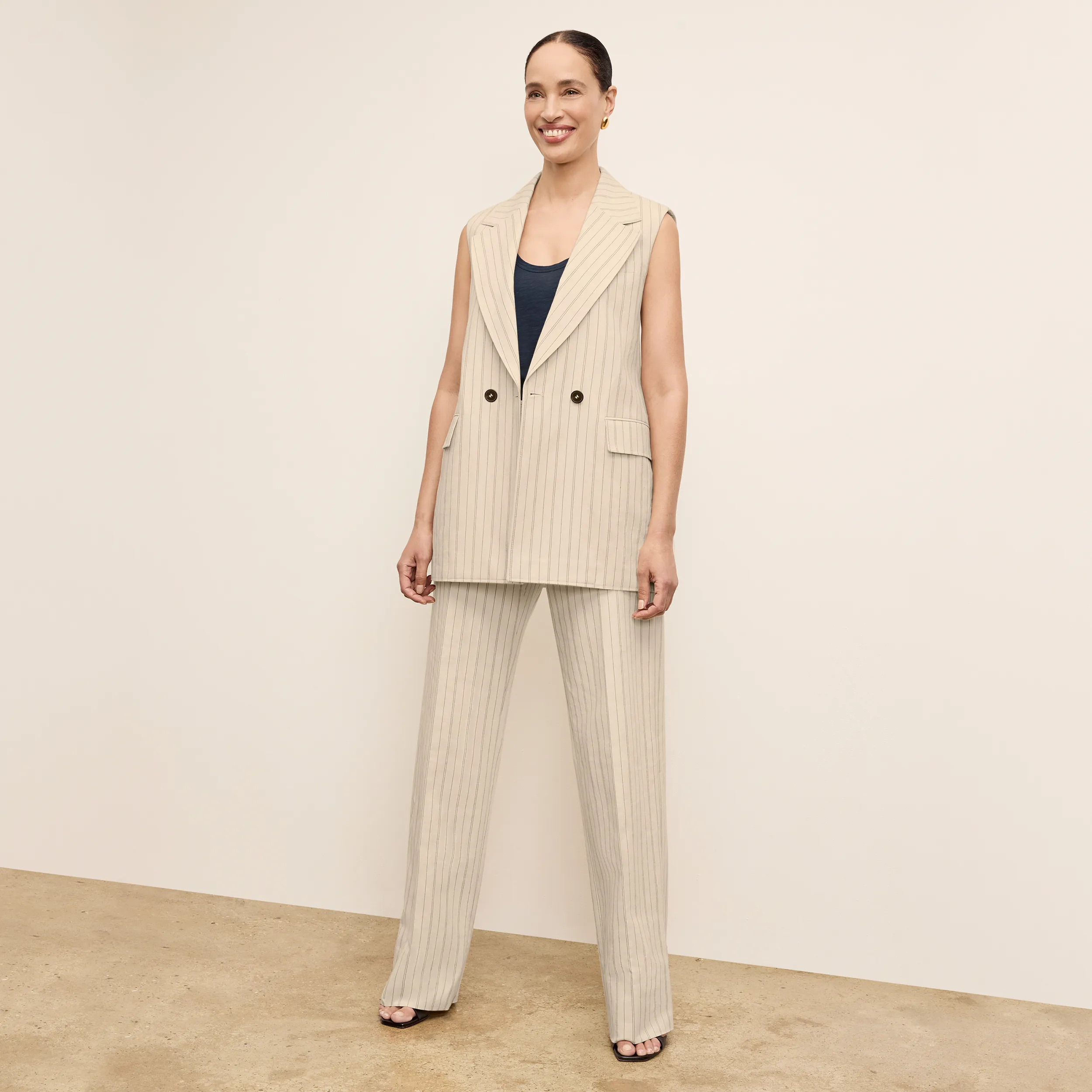 WaterResistant LowMaintenanceClothing Kasa Double-Breasted Vest - Breeze Stripe :: Ecru/Navy