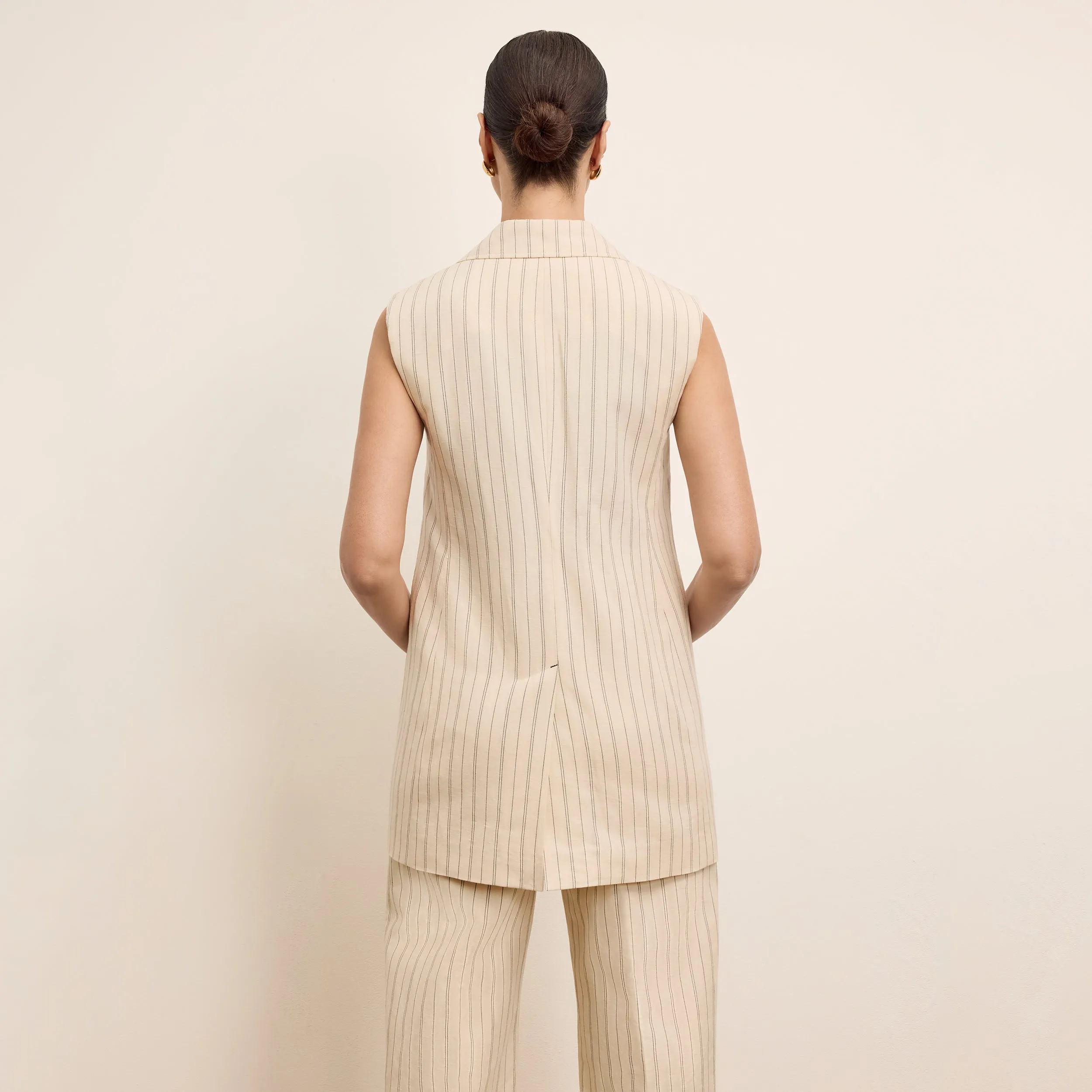 Stretchable Waistband Kasa Double-Breasted Vest - Breeze Stripe :: Ecru/Navy