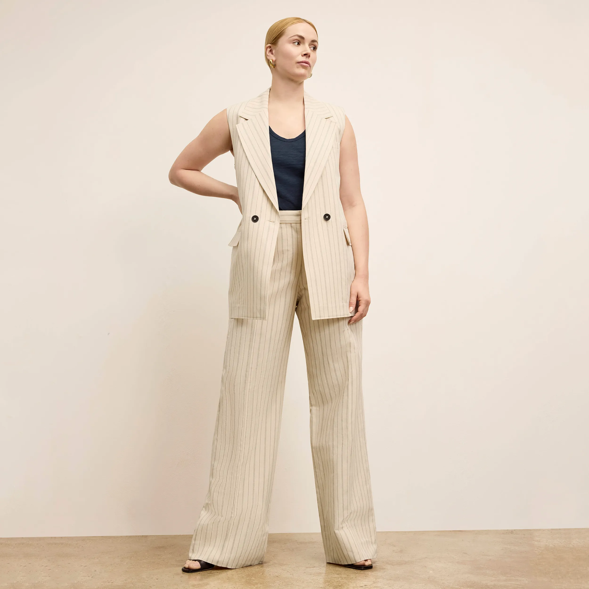 Kasa Double-Breasted Vest - Breeze Stripe :: Ecru/Navy Butter Soft Handfeel