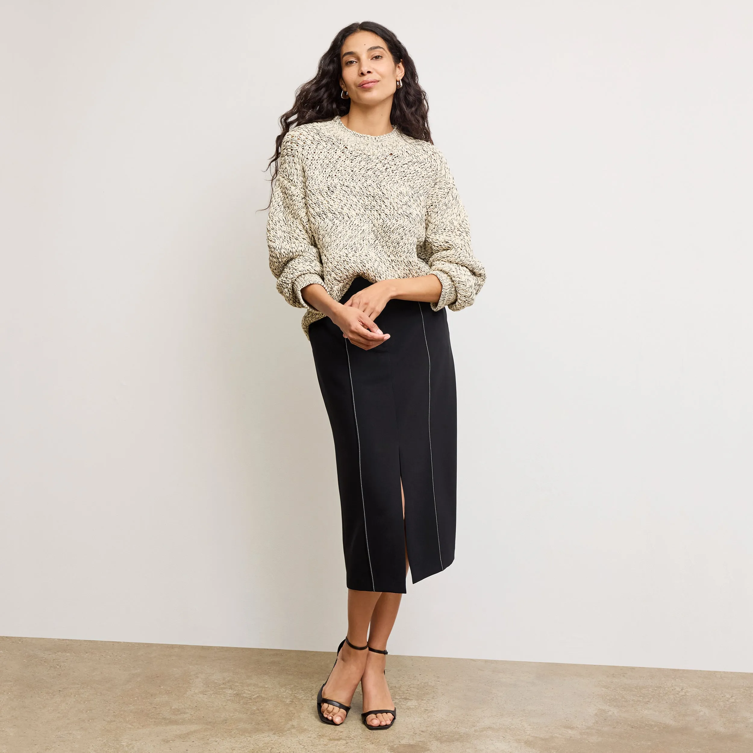 Garment Washed QuickDry Performance Kiki Crewneck Sweater - Marl Knit :: Ivory/Black