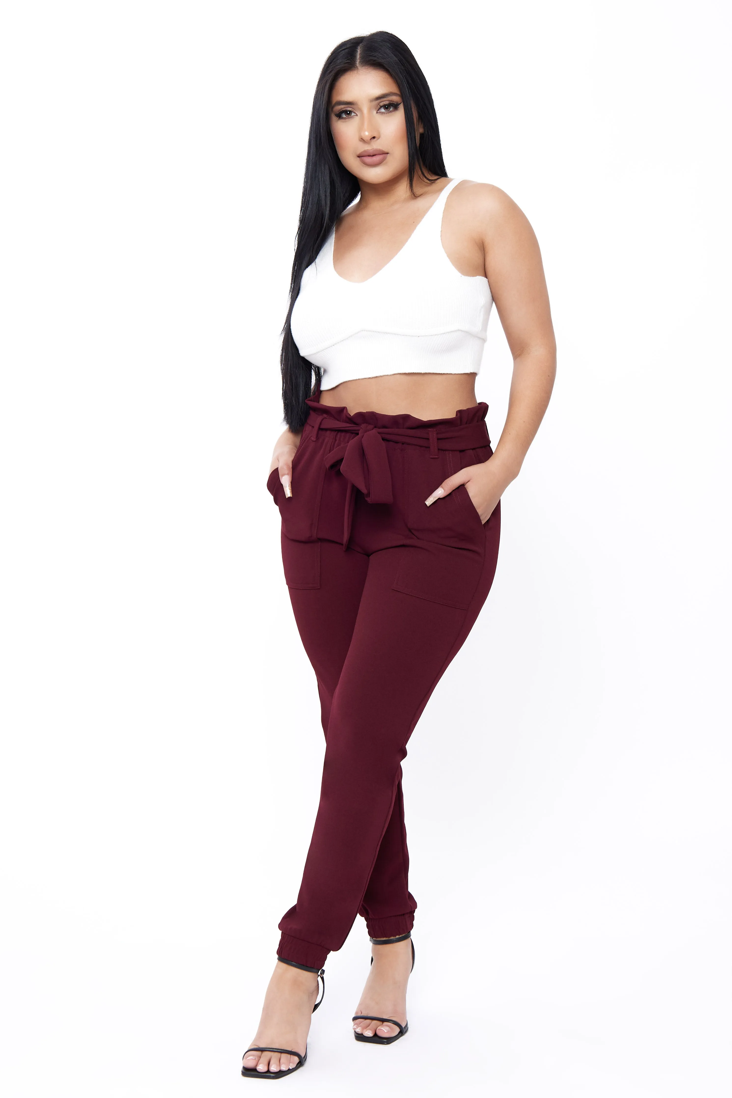 Knit Crepe Paperbag Waist Self-Tie Utility Pocket Jogger Recycled Polyester Walk Friendly