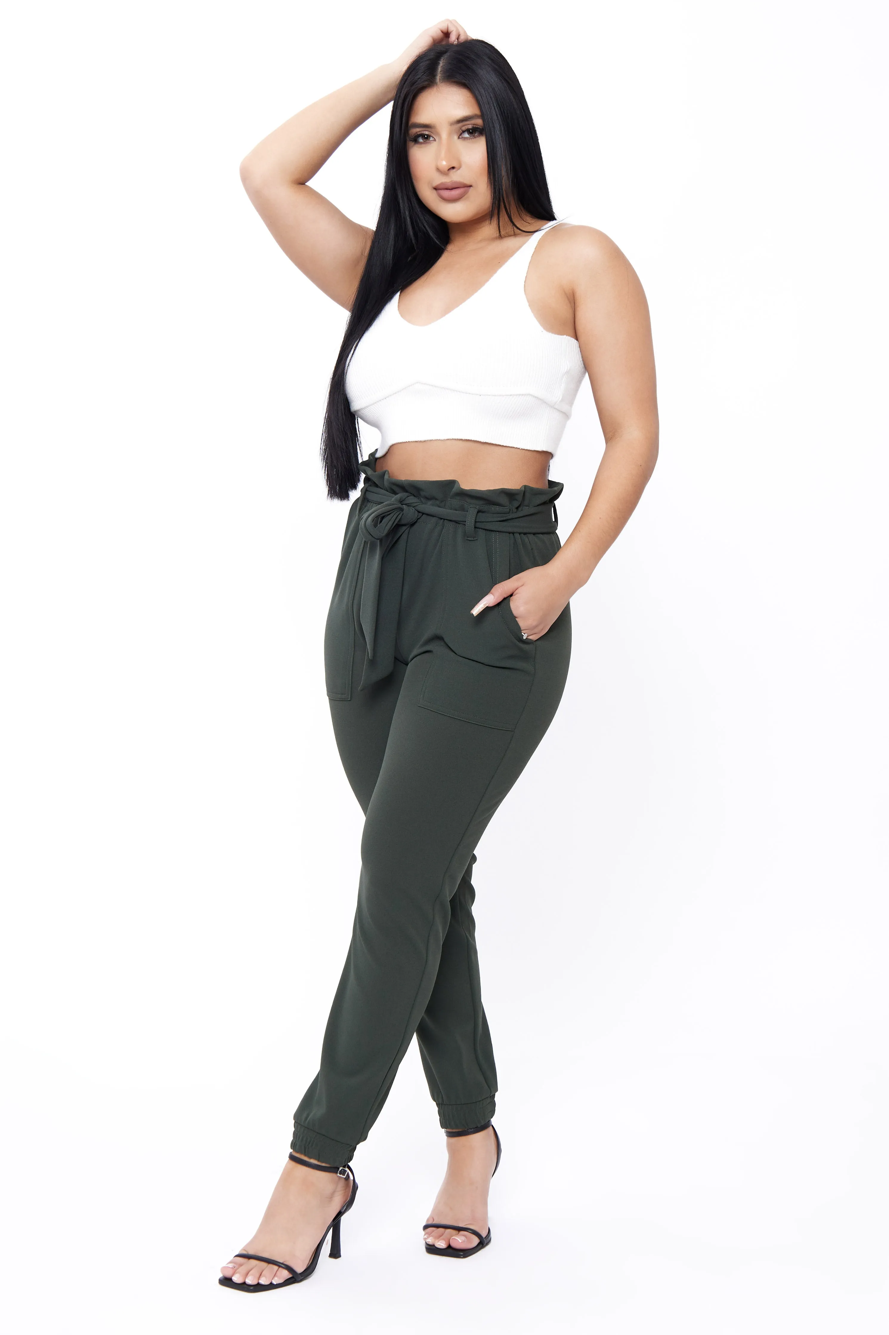 Knit Crepe Paperbag Waist Self-Tie Utility Pocket Jogger WrinkleFreeFabric