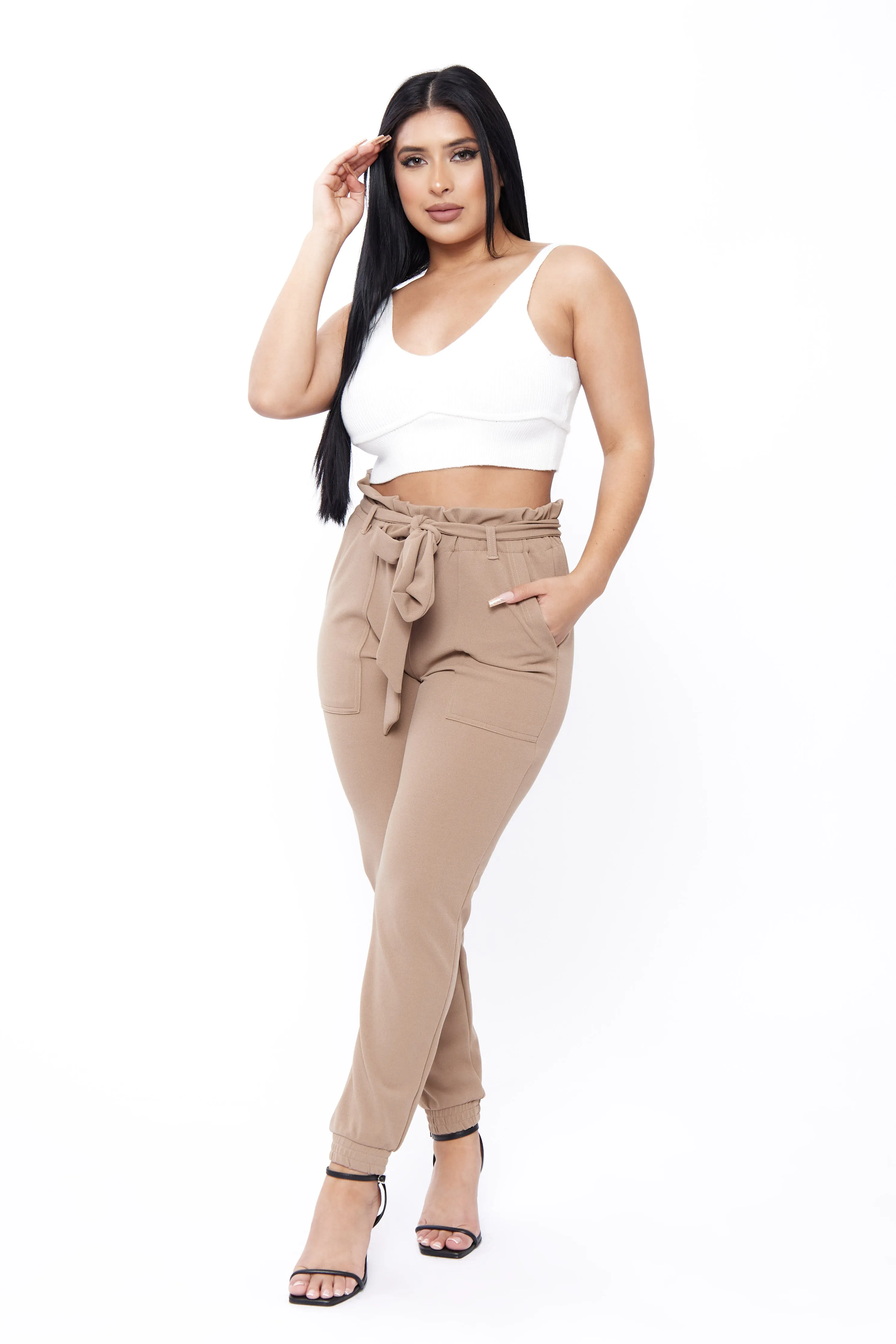 Tall Length Knit Crepe Paperbag Waist Self-Tie Utility Pocket Jogger