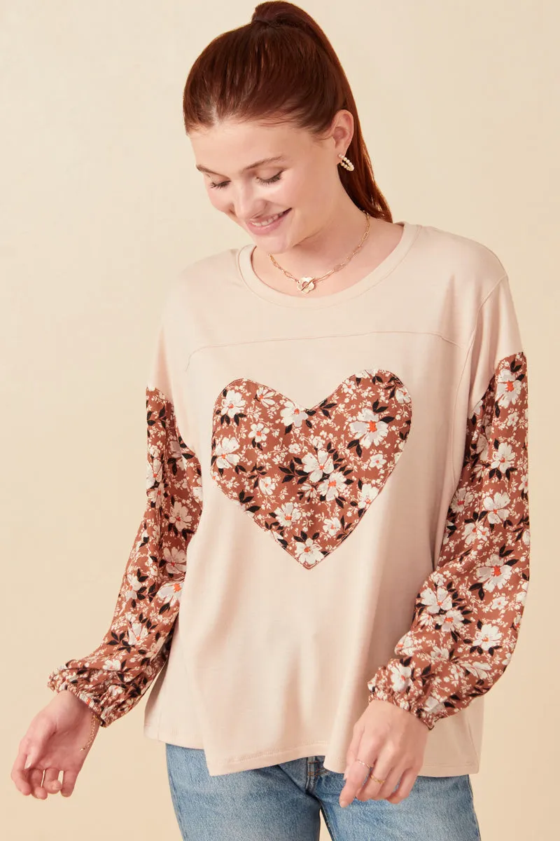 Wide Shoulder Cut Womens Botanical Contrast Heart Patch French Terry Knit Top