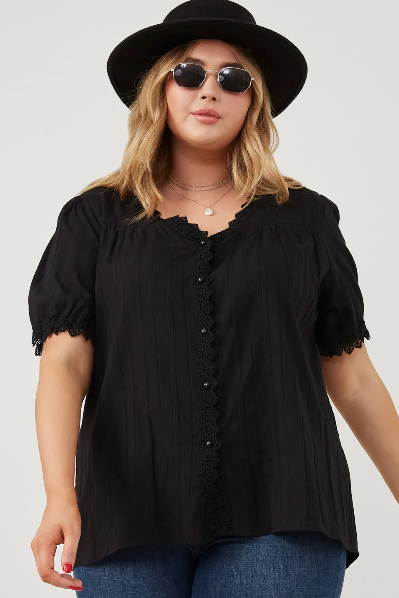 DoubleLayered Neckline AntiPillingTechnology Lace Button-Down Top