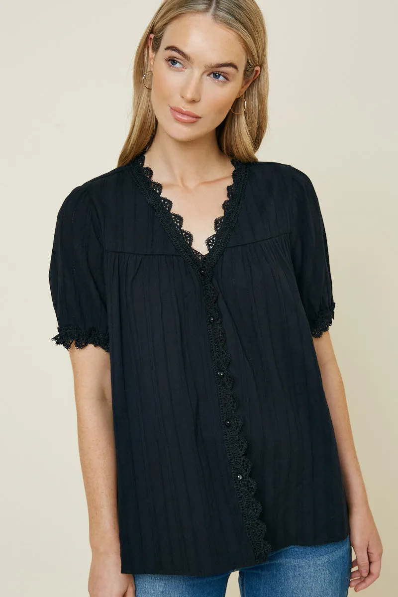 Lace Button-Down Top LowProfileZipperSystem MultiFunctional Pocket Placement