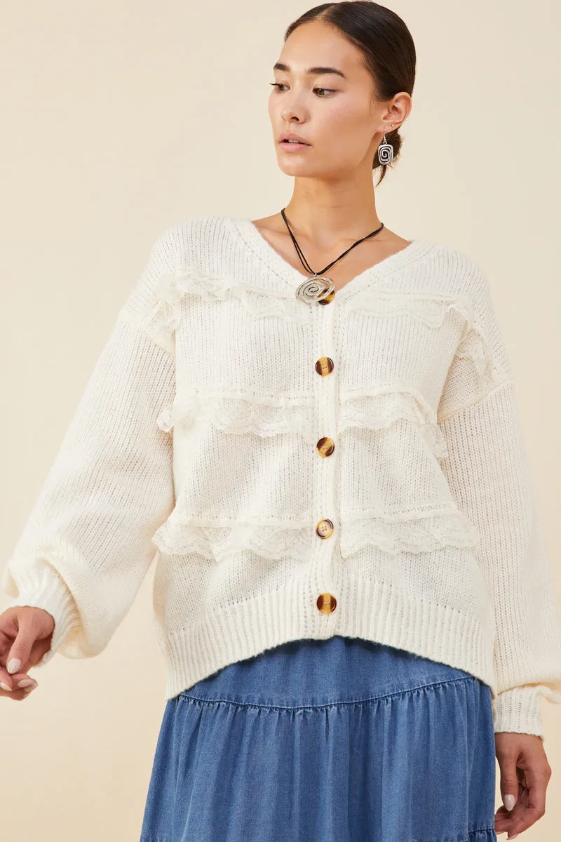 Lace Frilled Buttoned Sweater Cardigan Stylish Comfort