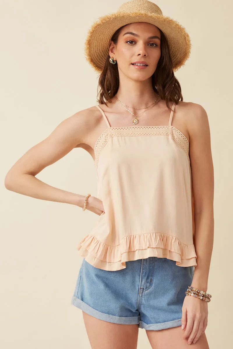 LightweightFabric HeatRegulating Lace Trim Ruffled Hem Tank