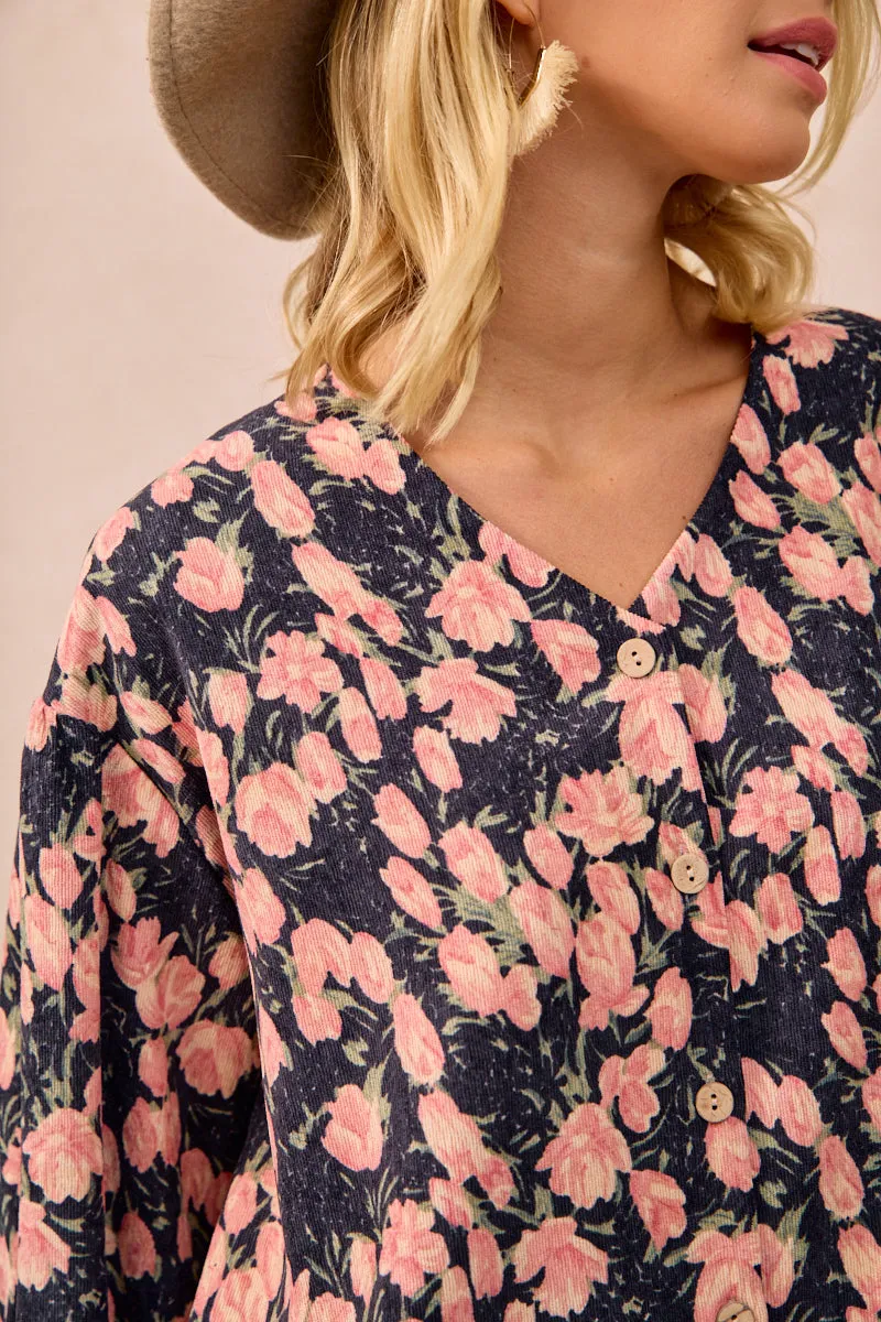 Minimal Travel Look Weekend Vibe IT4361G-03 | FLORAL PRINTED CORDUROY VNECK RUFFLED CARDIGAN TOP