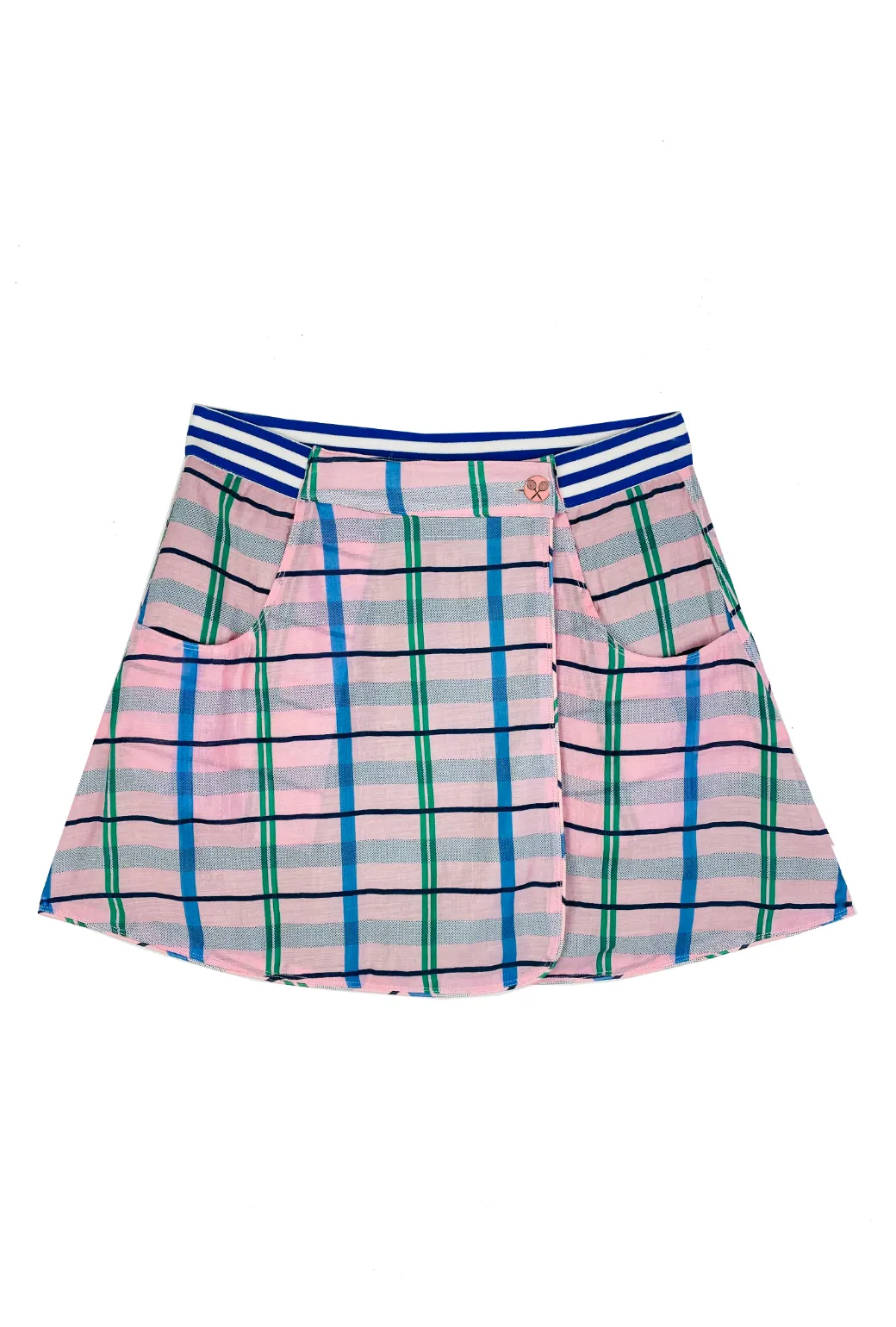 SAMPLE - Reversible Tennis Skirt - Pink Plaid & Green Lurex Solid shade Water Repellent Coating