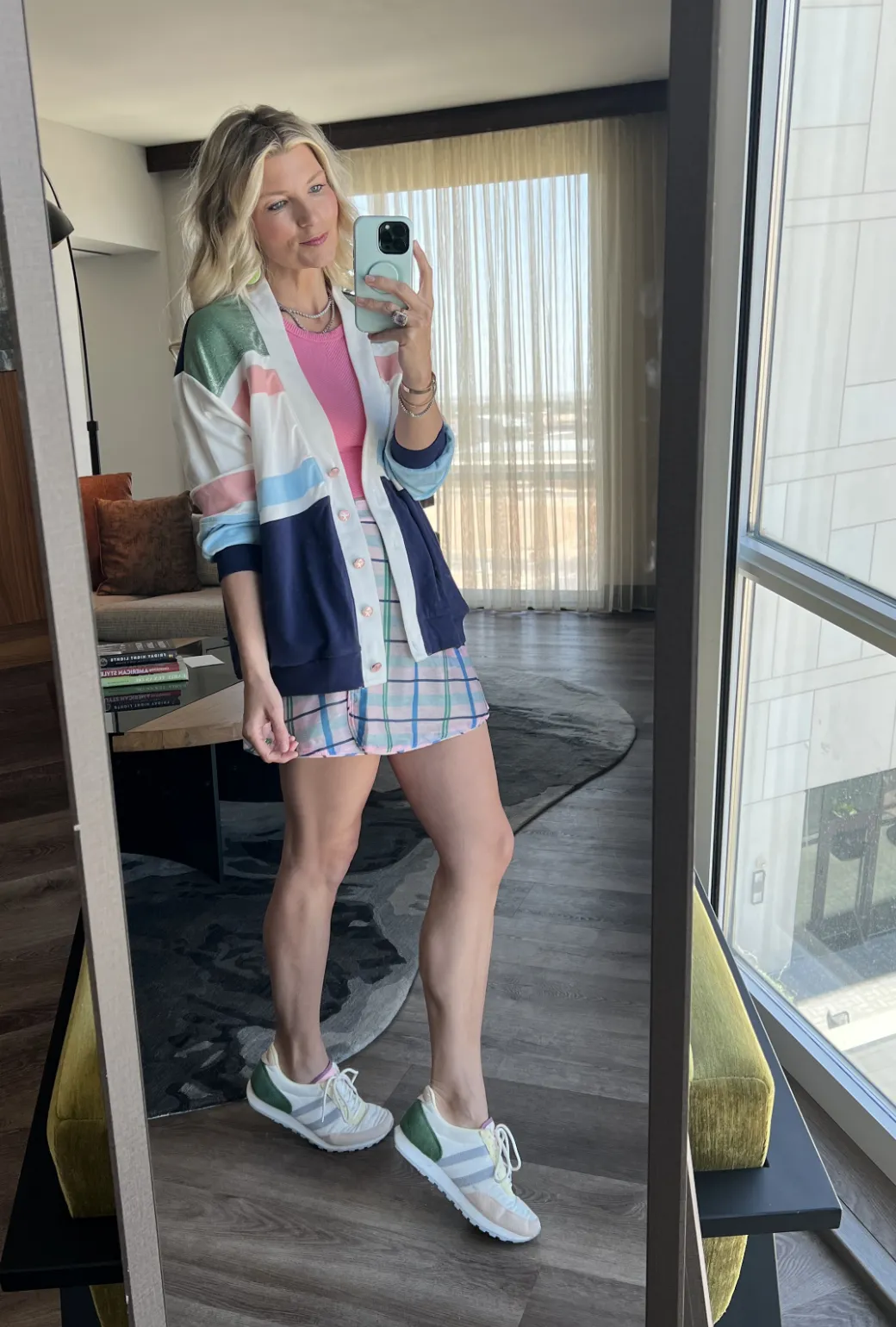 ElasticWaist SAMPLE - Reversible Tennis Skirt - Pink Plaid & Green Lurex