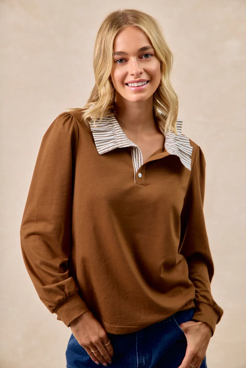 IT4638S-01 | FRENCH TERRY STRIPE RUFFLED COALLERED TOP Easy Clean Material Articulated Ergonomic Fit