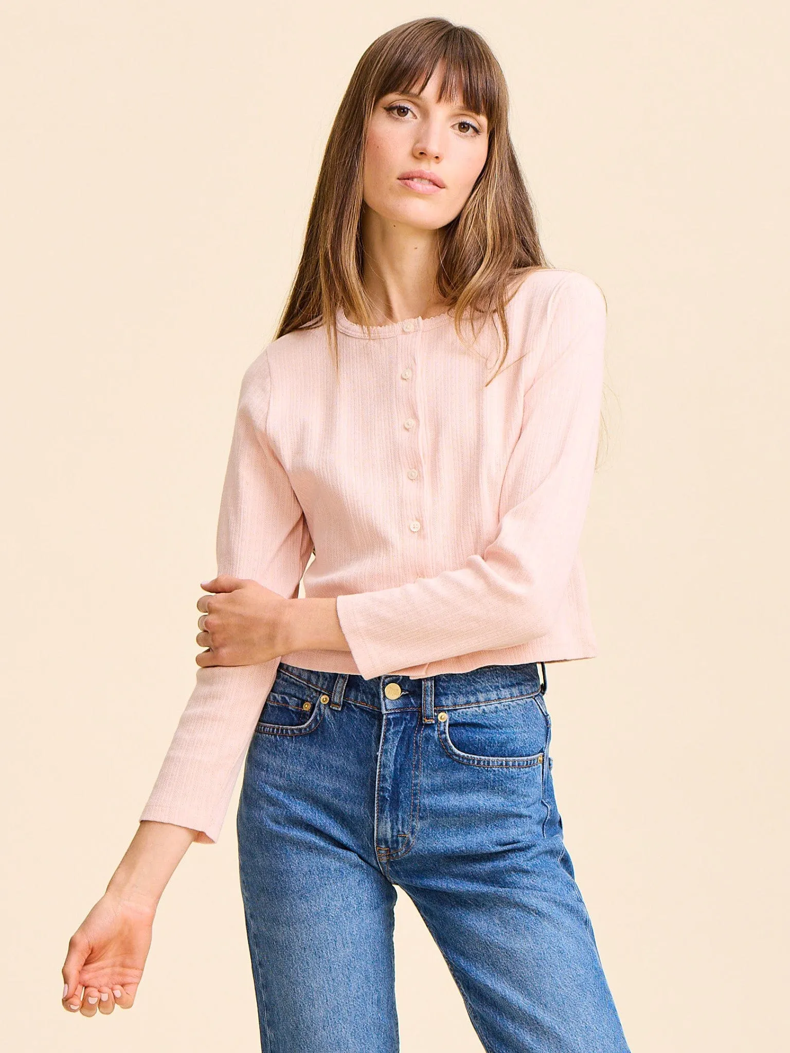 Thermal Regulation System Quick Access Pockets Bibi Pointelle Cardigan in Spanish Villa