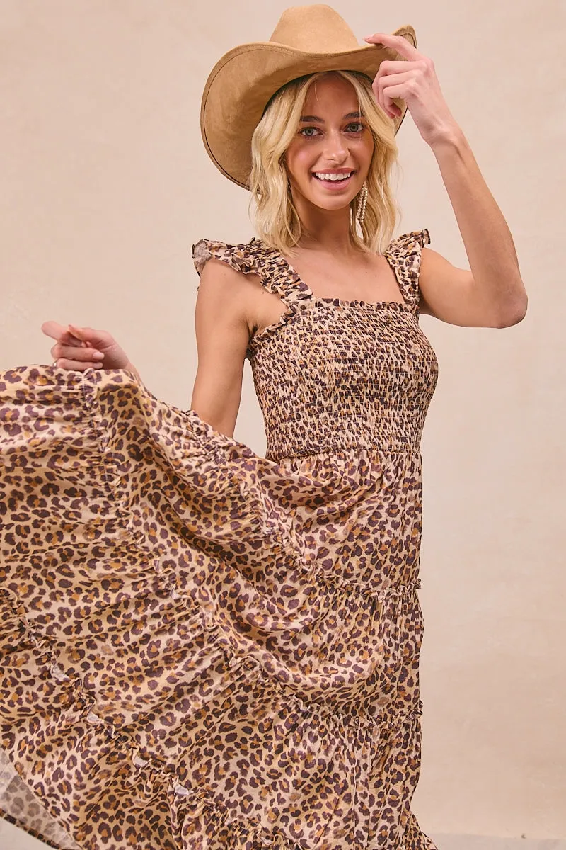 Quick Dry Coating Reinforced Seams ID1402R-04 | LEOPARD PRINTED WOVEN SHIRRED SLEEVES TIERED DRESS