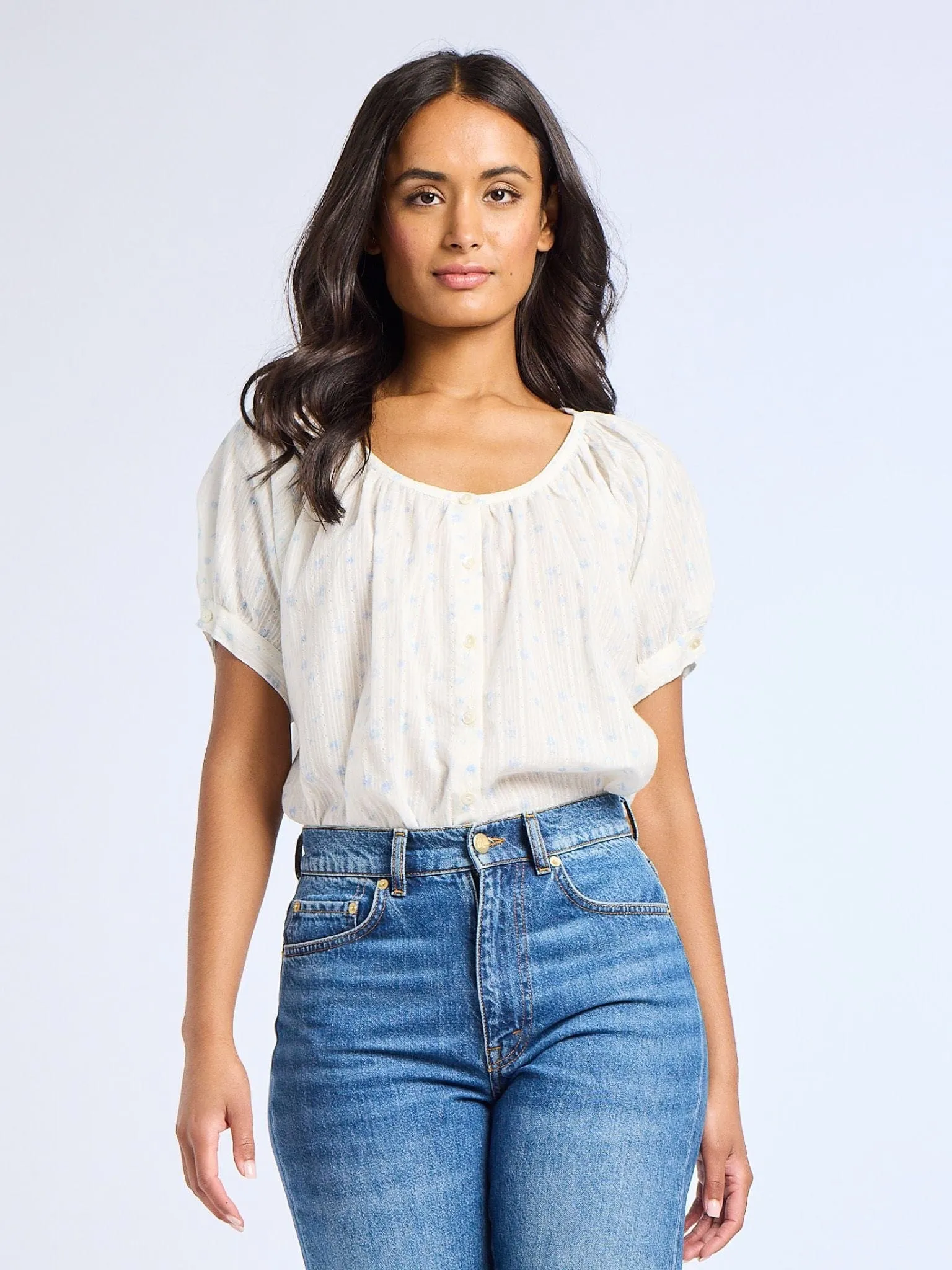 Naomi Top in Blue Flora Ultraviolet Protection Fabric Flexible Hemline