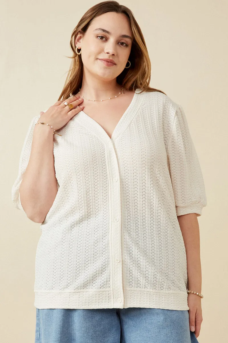 Bound Edges Fitted Shirt Heart Knitted Puff Sleeve Knit Top