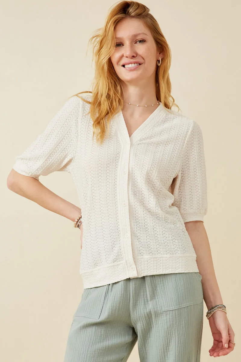 Heart Knitted Puff Sleeve Knit Top Ventilated Panels ButtonFront