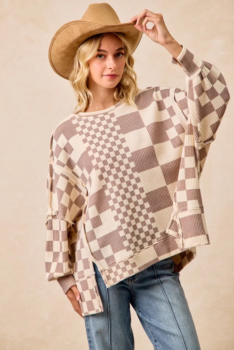 IT3426G-15 | CHECKER PRINT OVERSIZED WAFFLE THERMAL SWEATSHIRT Weekend Outing Wear
