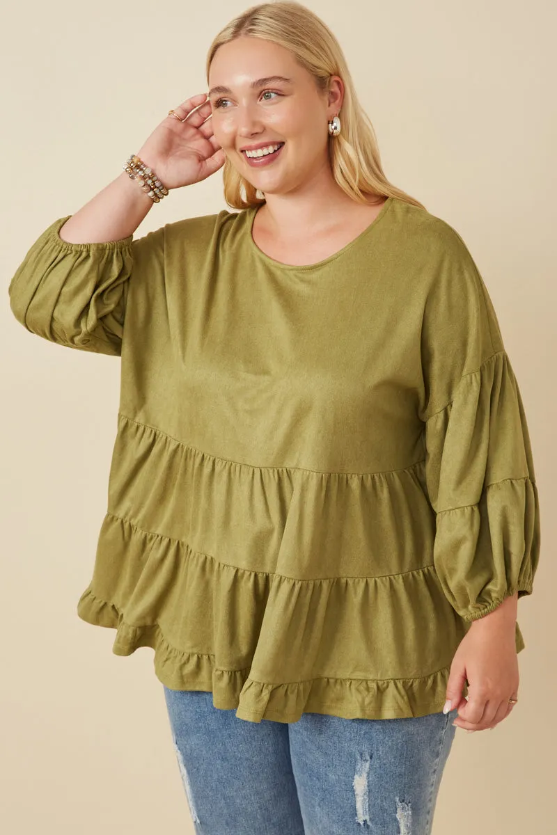 ReflectiveTrim Textured Fabric Finish Vegan Suede Tiered Puff Sleeve Top