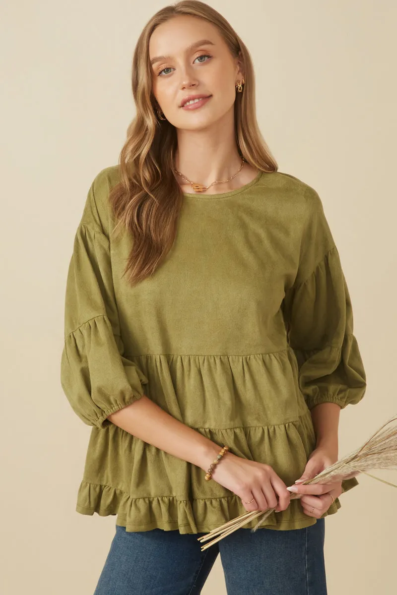 Casual Blouse Vegan Suede Tiered Puff Sleeve Top