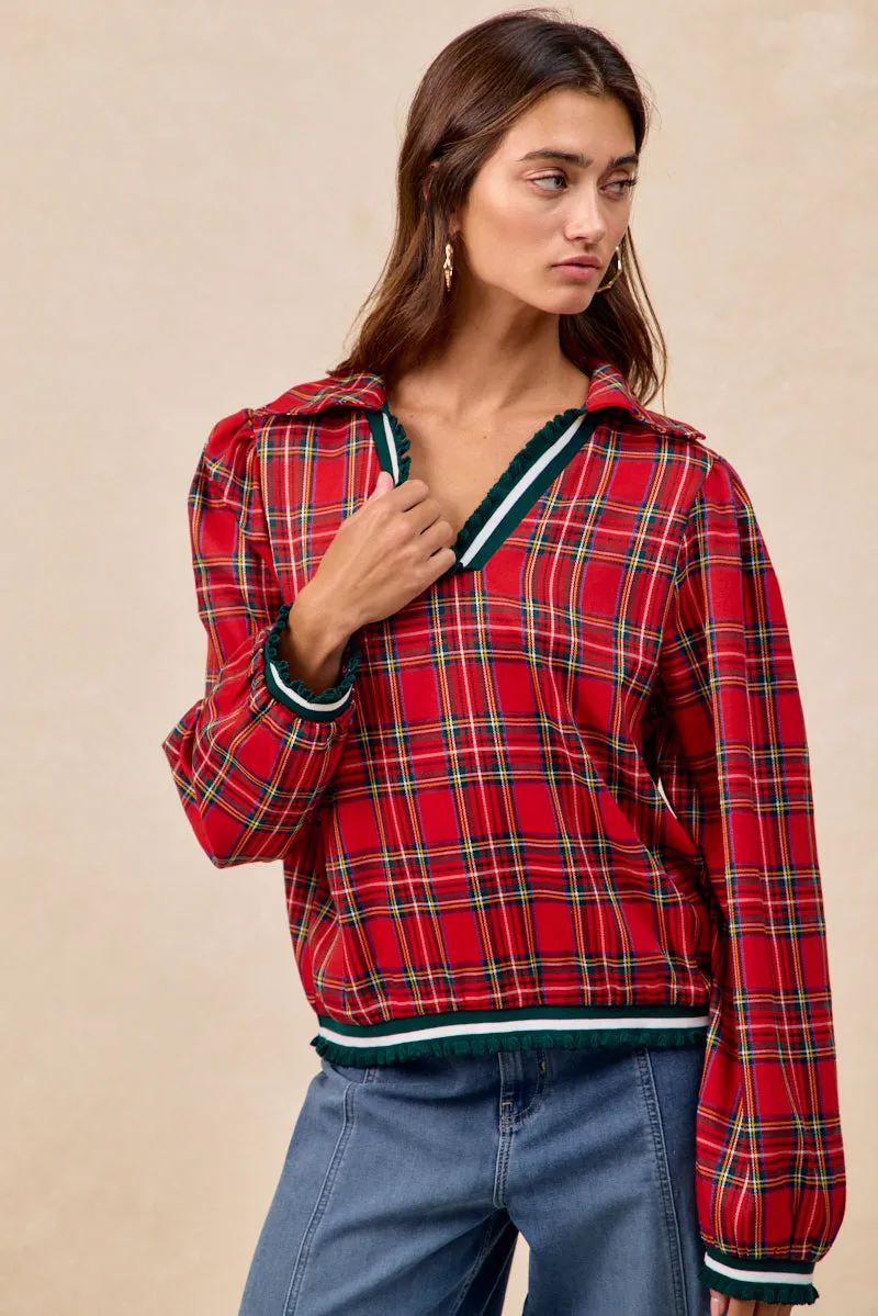Tactile Soft Texture IT4789S-02 | CHRISTMAS PLAID V NECK COLLARED TOP WITH RUFFLED