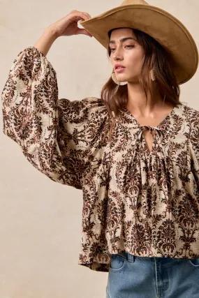 Silicone Print Detail Button Down Collar Style IT4534S-04 | PRINTED WOVEN FRONT TIED TOP WITH BALOON SLEEVE