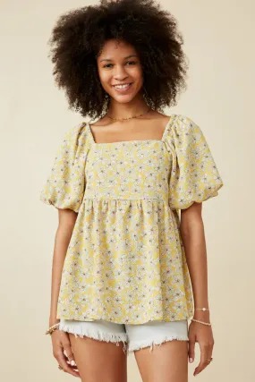 Stretch Fit Floral Print Square Neck Puff Sleeve Top