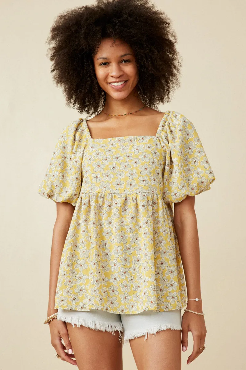 Floral Print Square Neck Puff Sleeve Top Cozy Blouse UV Protective Coating