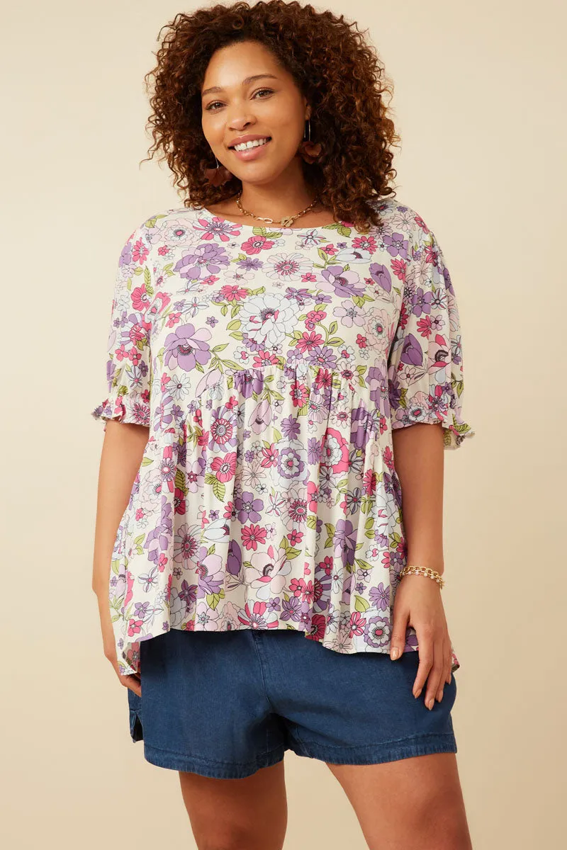 Floral Rounded Hem Peplum Top Modern Polo