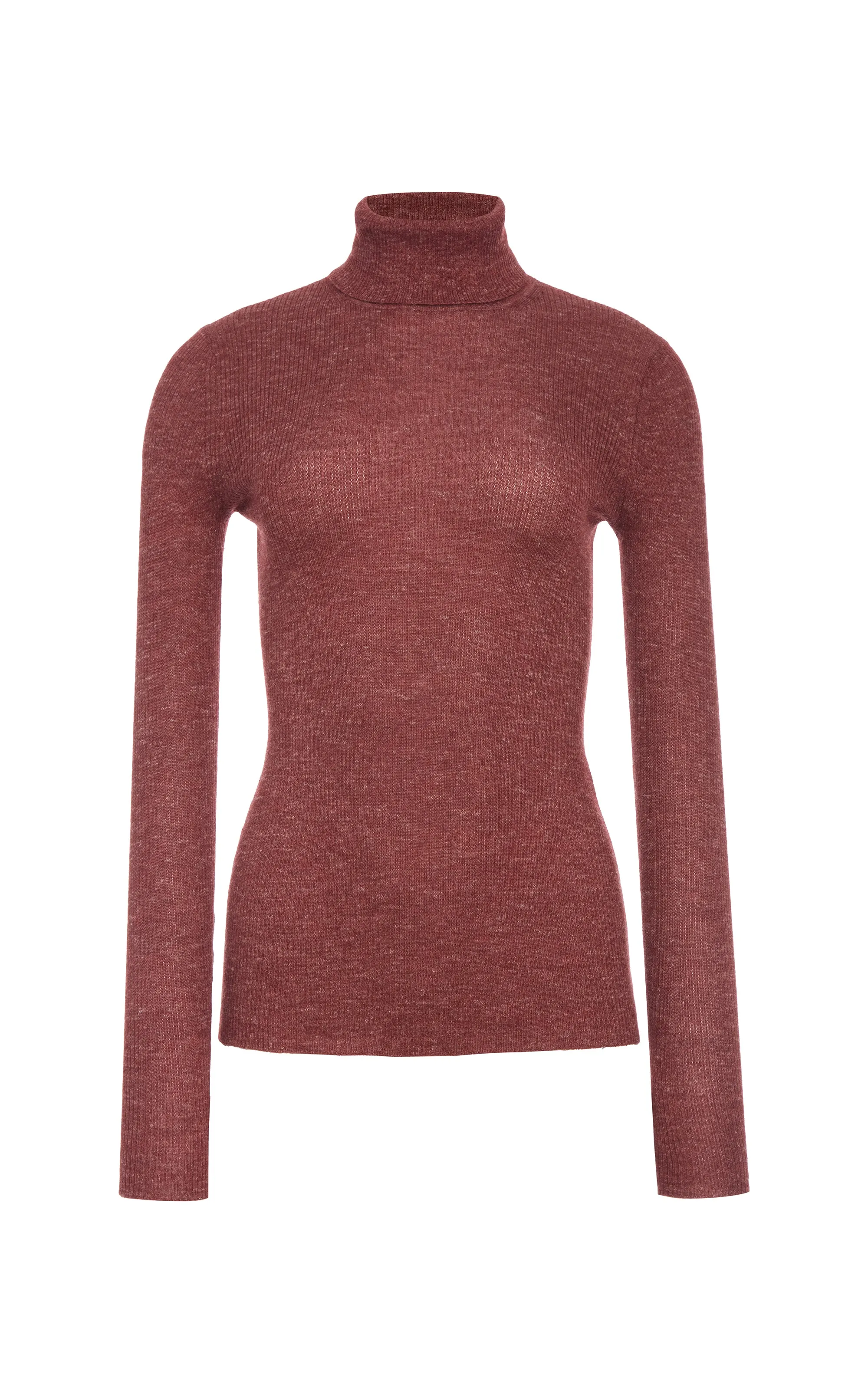 Soft Cotton Multi Panel Cut Aldona Knit Turtleneck in Burnt Sienna Cashmere Silk with Hemp