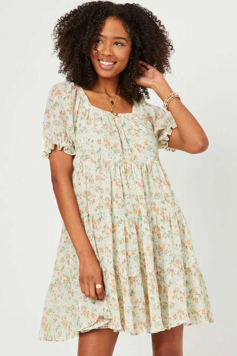 Street Look Pleated Floral Print Square Neck Tiered Dress