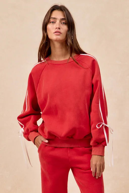 AbrasionResistant Edging Tear Resistant IT4866G-01 | SIDE LINED BOW DETAILS WASHED FLEECE SWEATSHIRT