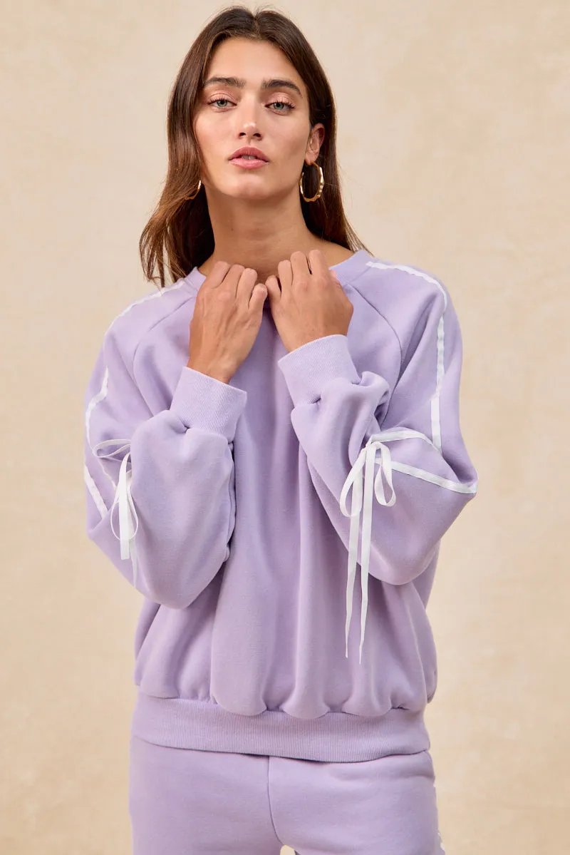 IT4866G-01 | SIDE LINED BOW DETAILS WASHED FLEECE SWEATSHIRT DropShoulder Tagless Comfort Collar