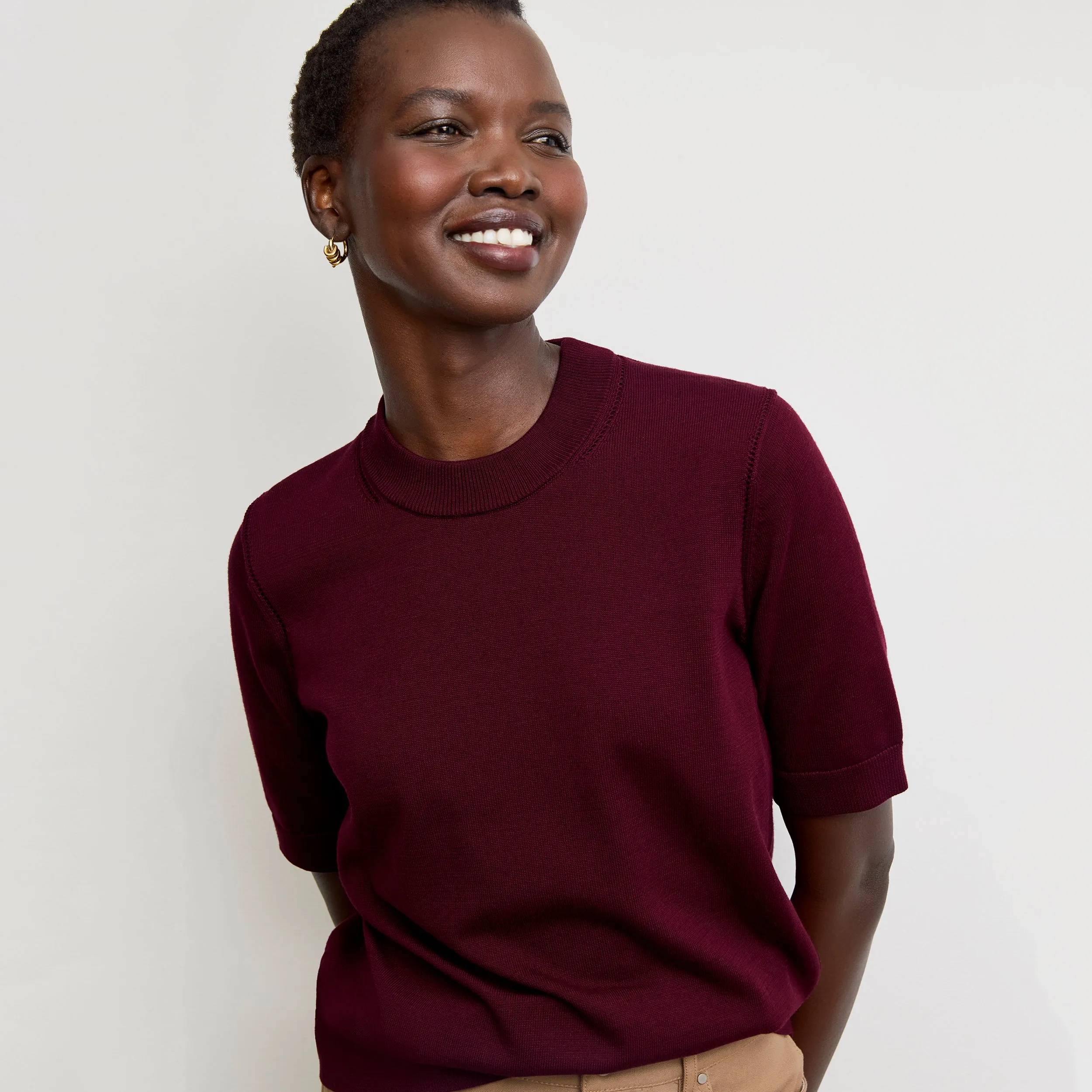 Becca Pointelle Tee - Cotton Silk Knit :: Syrah SeamlessKnitConstruction Earthy Tone Colorways