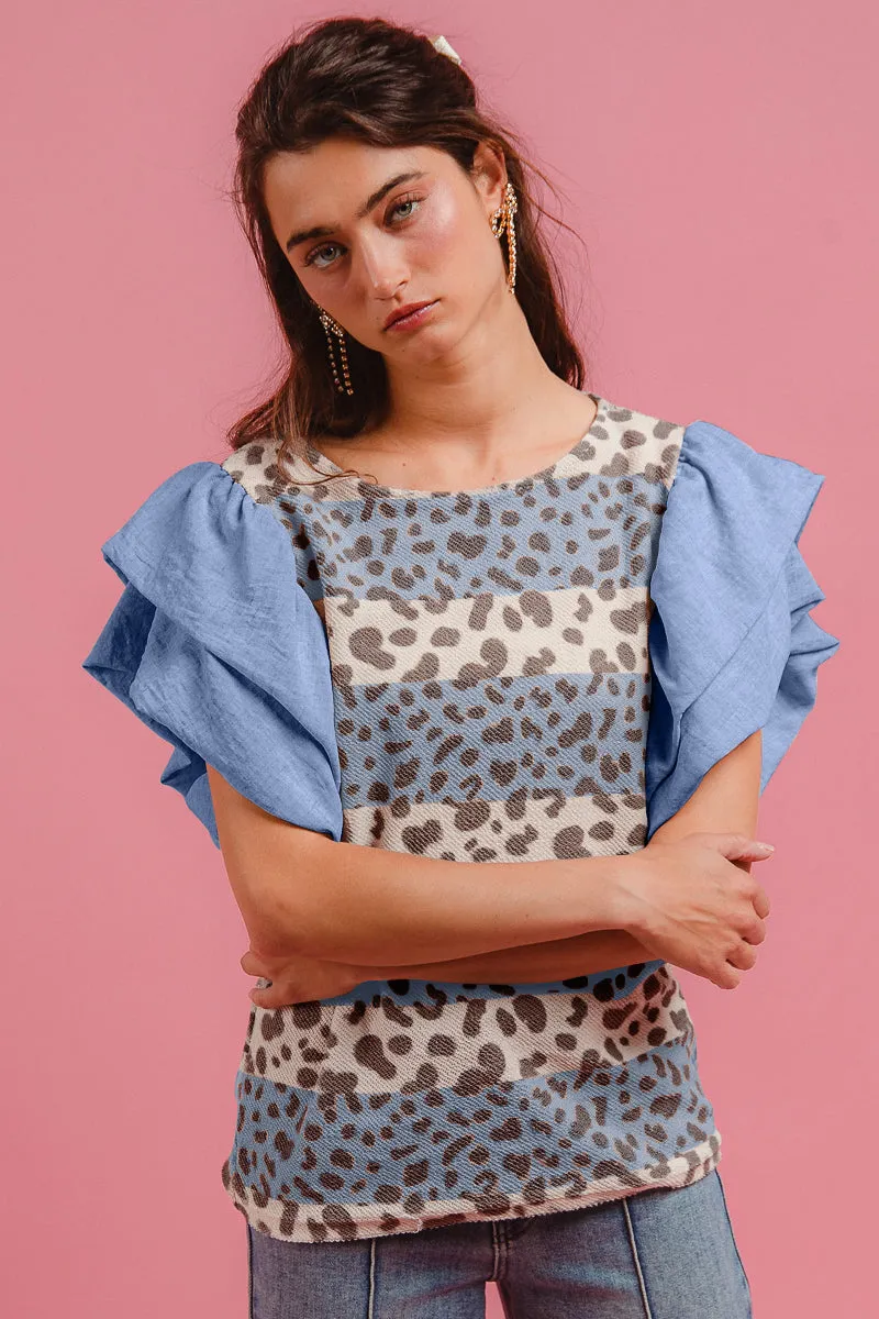 Soft Lining IT1122S-02M | LEOPARD STRIPE COMBO DOUBLE SLEEVES TOP