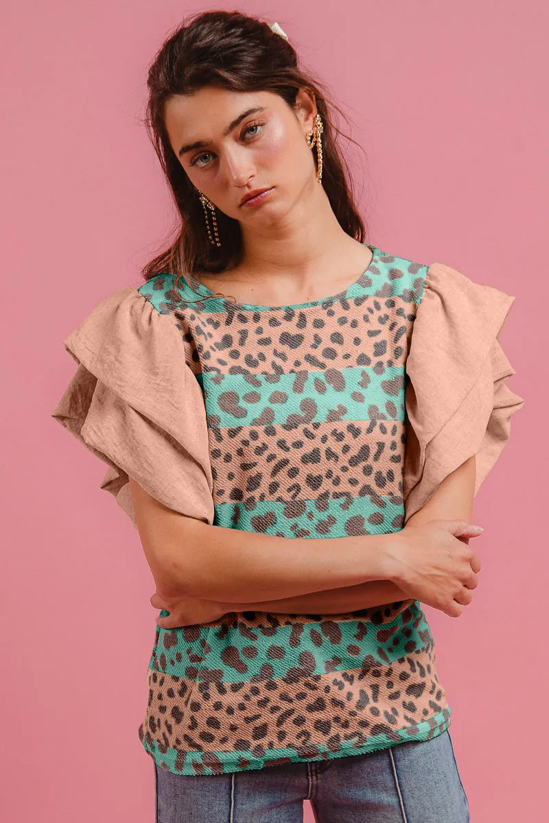 Wrinkle Free Material All Occasion IT1122S-02M | LEOPARD STRIPE COMBO DOUBLE SLEEVES TOP