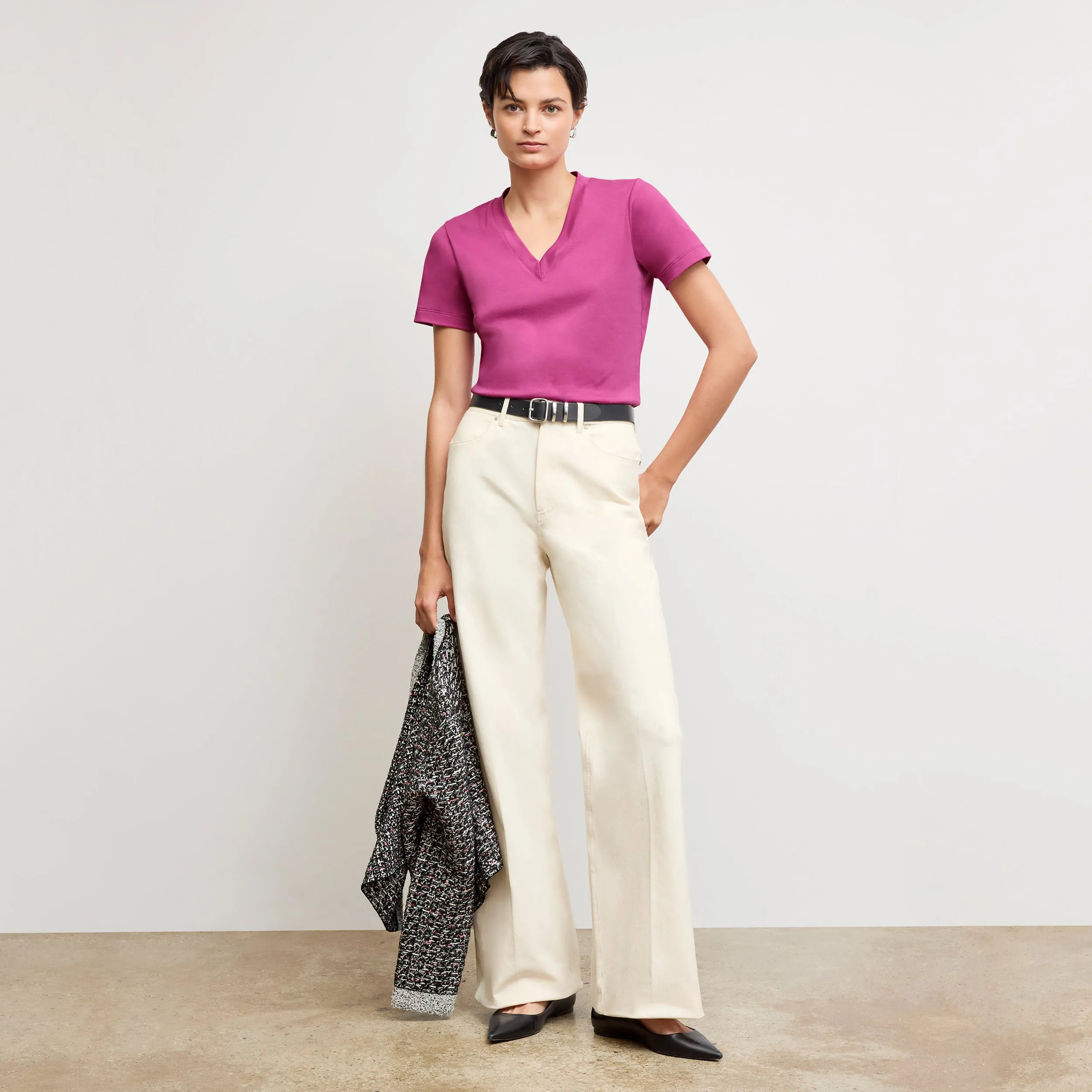 Gym Wear Distressed Texture Durable Bonding Lee V-Neck T-Shirt - Organic Pima Cotton :: Pink Berry