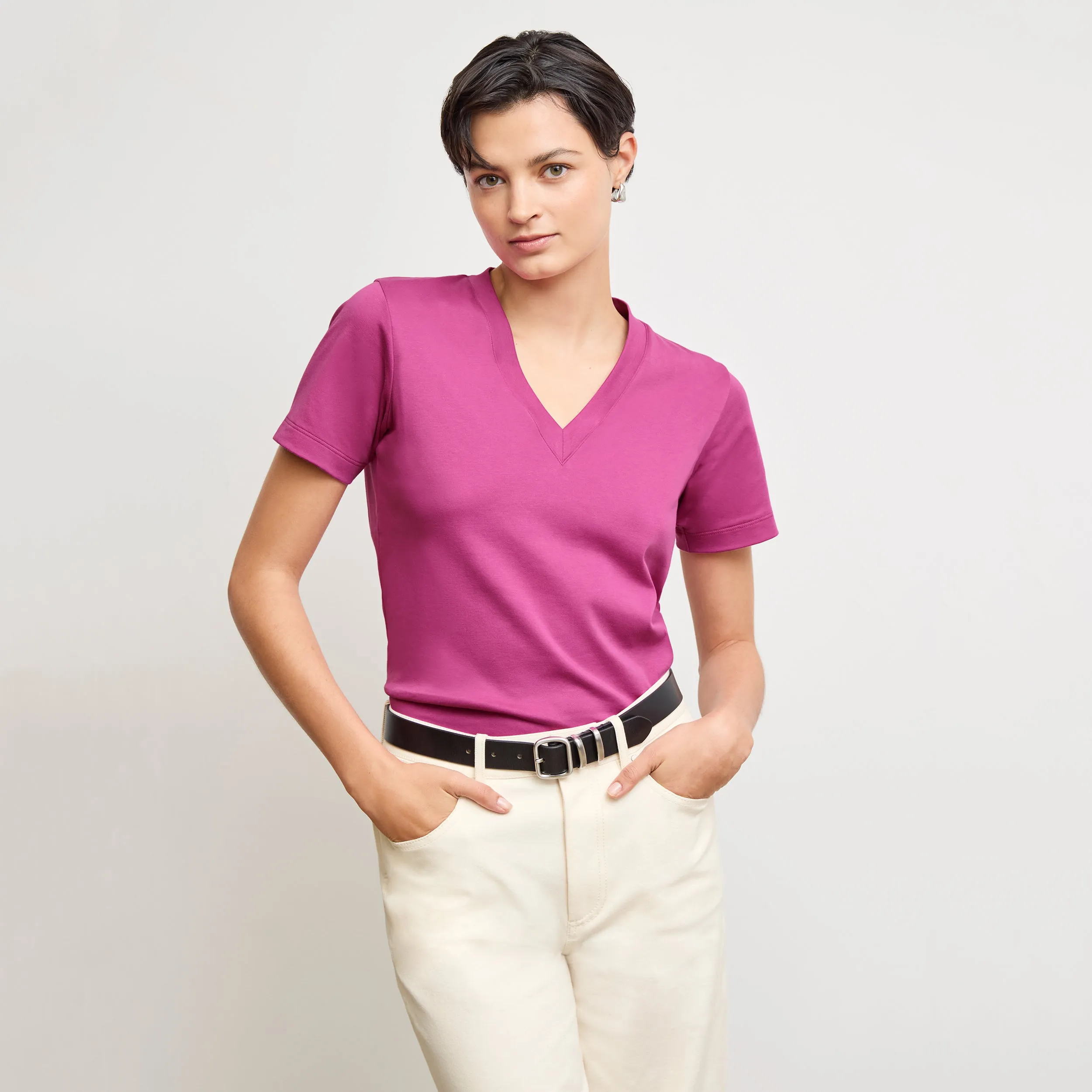 Quick Dry Feature StaticResistant Material Lee V-Neck T-Shirt - Organic Pima Cotton :: Pink Berry