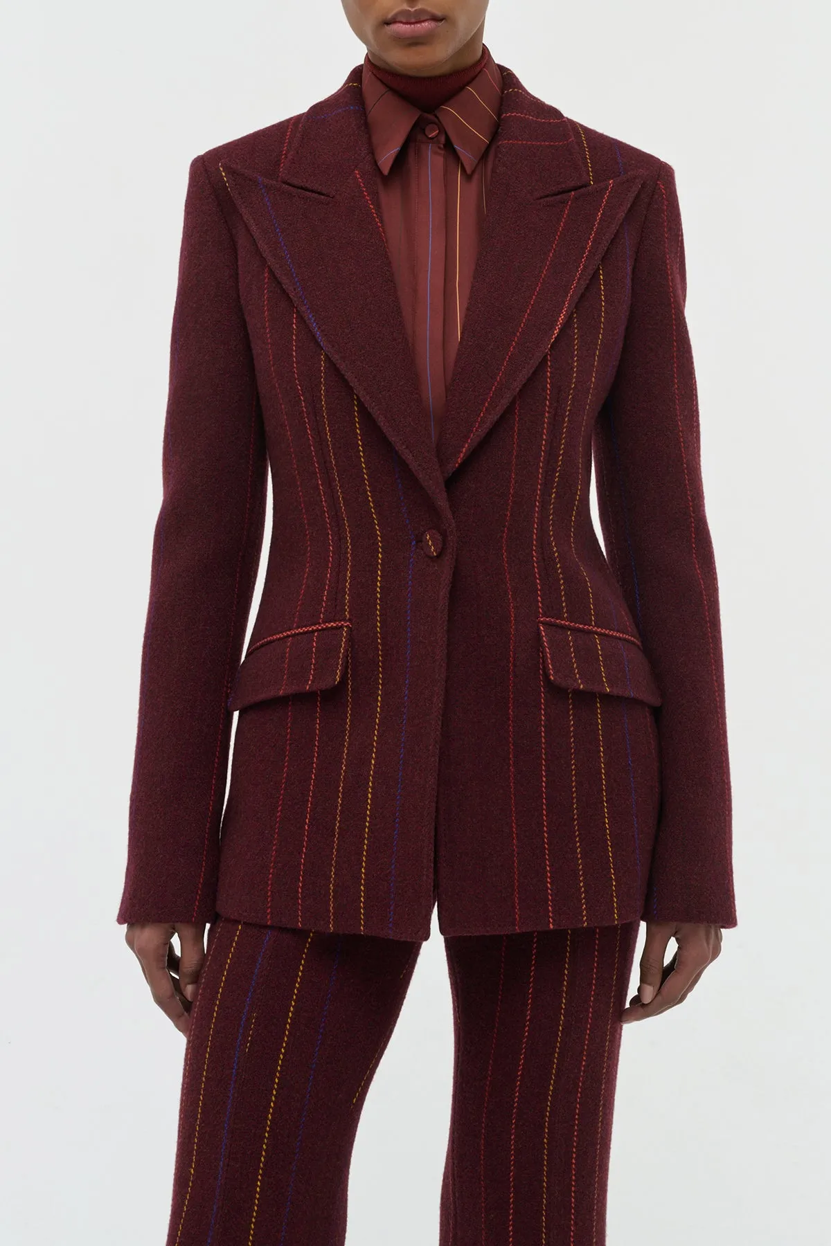 Leiva Blazer in Burnt Sienna Multi Pinstripe Wool Cashmere Machine Washable Fabric