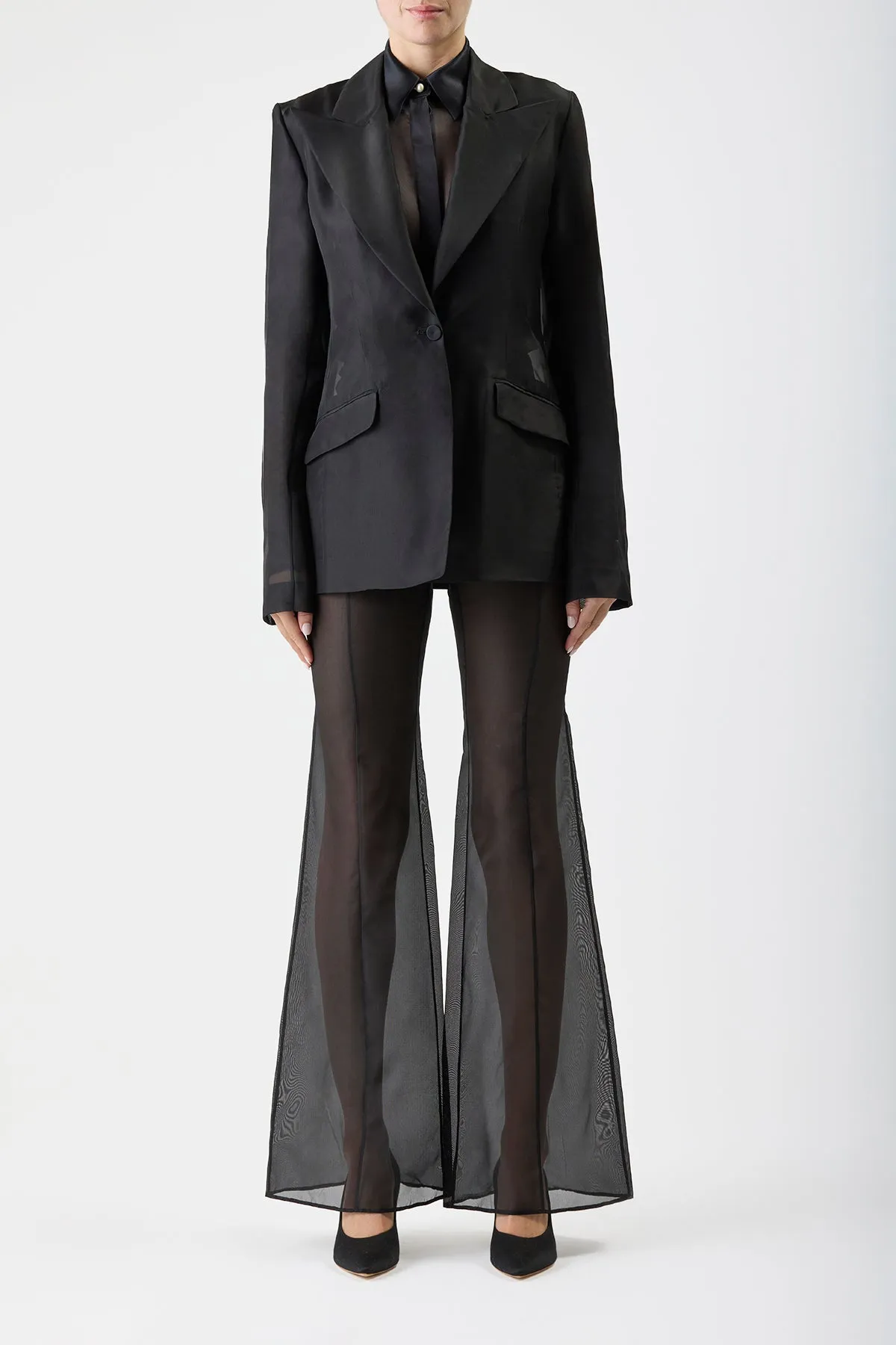 Comfortable Style EasyClean Leiva Sheer Blazer in Black Silk Organza
