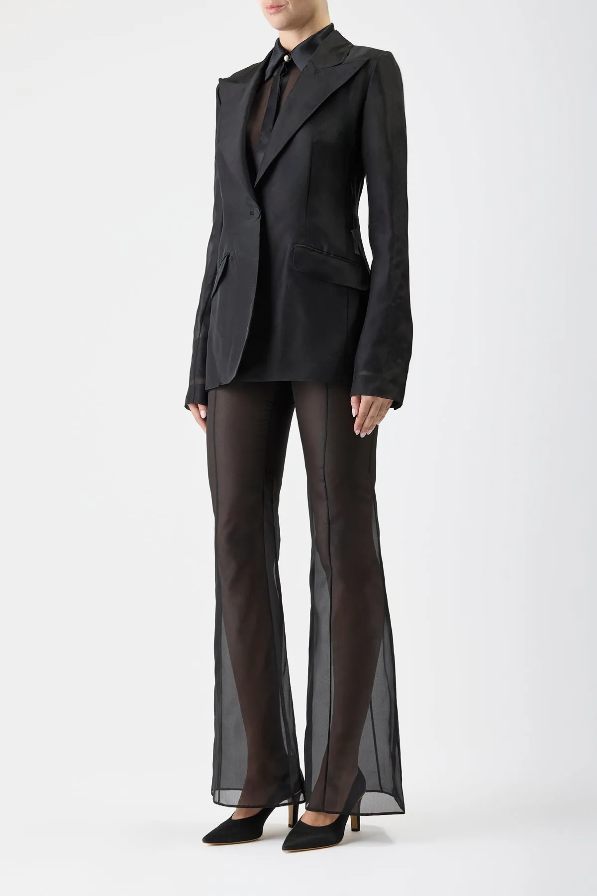 Leiva Sheer Blazer in Black Silk Organza LightweightMaterial Noise Reducing Fabric Treatment