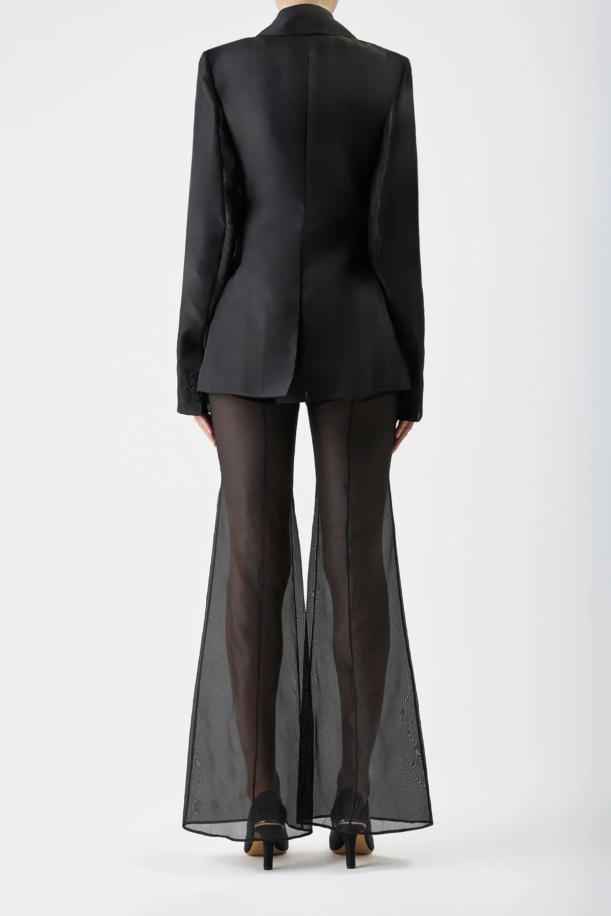 Textured Weave Double Stitched Hem Leiva Sheer Blazer in Black Silk Organza