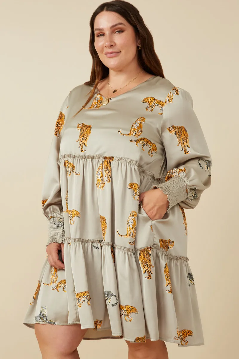 Leopard Printed Smocked Cuff V Neck Satin Dress City Bright