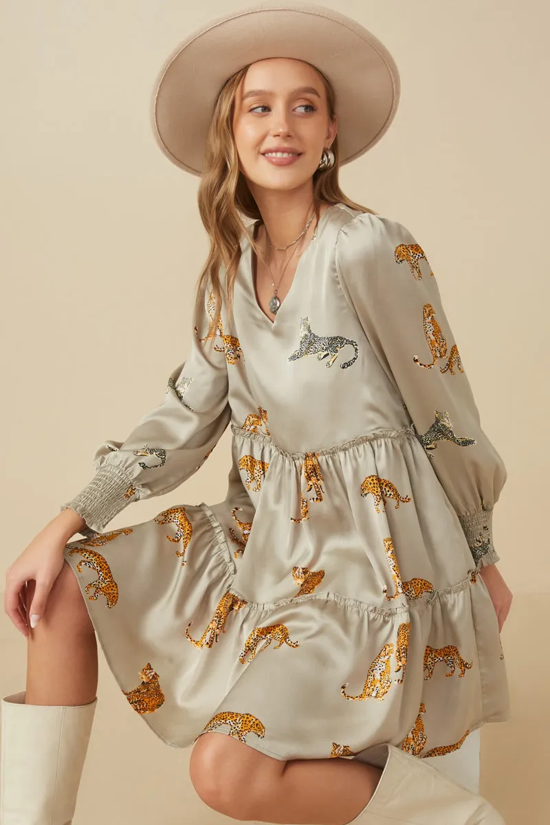 Sun-Protective Leopard Printed Smocked Cuff V Neck Satin Dress