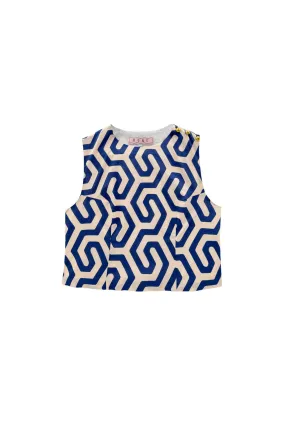 Fleece Pullover AdjustableNeckline Button Box Top - Blue Geo