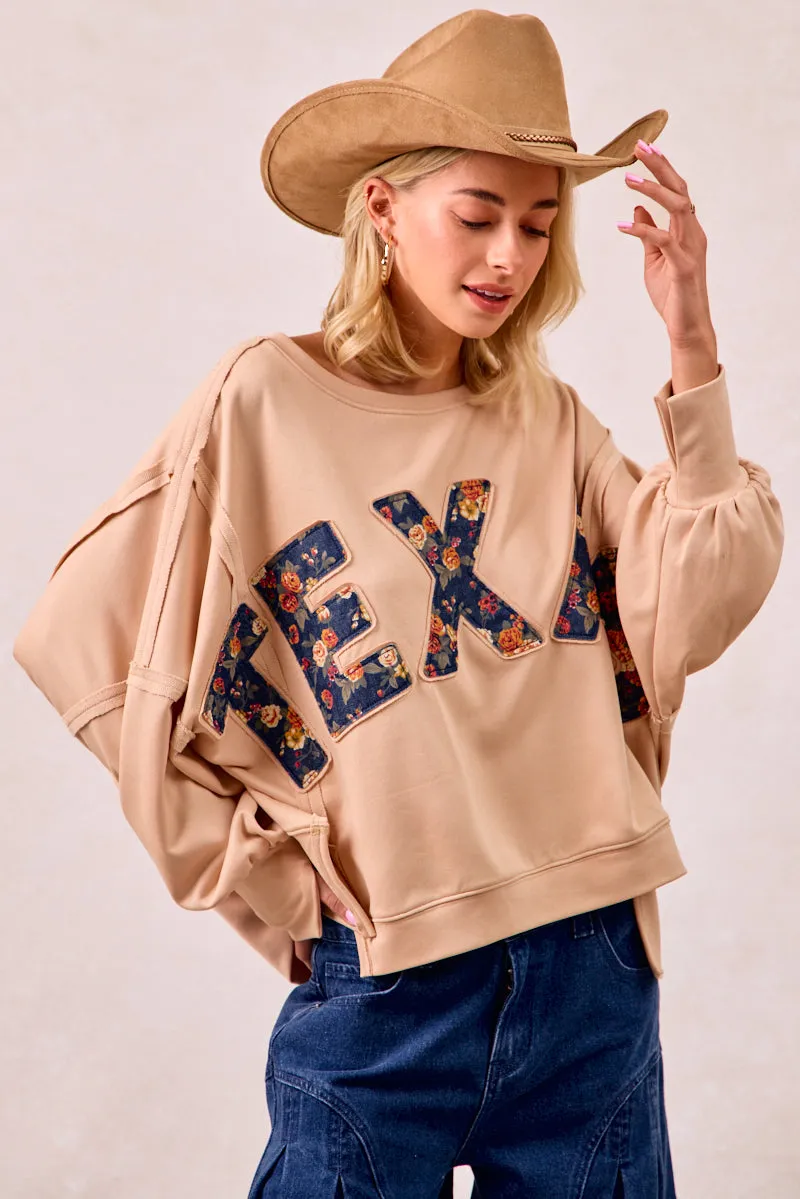 IT3426R-09 | FLORAL TEXAS LETTER PATCHE FRENCH TERRY SWEATSHIRT EcoFriendlyInsulation