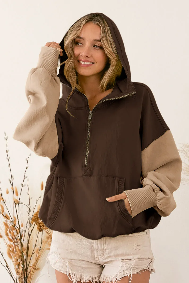 IP8347-02 | COLOR BLOCK ELASTIC HEM FLEECE HOODIE ZipperedPockets Machine Washable Fabric